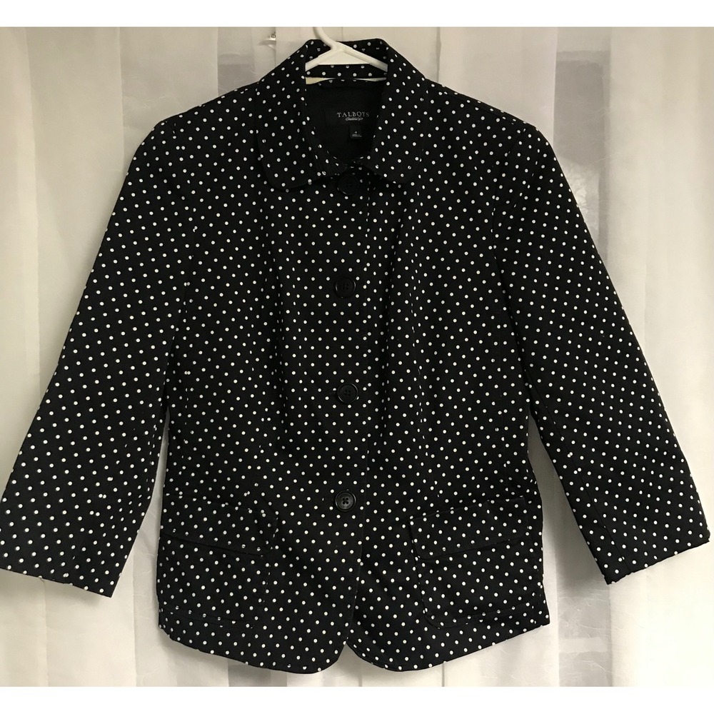 Talbots Womens Black White Polka Dot 4-Button Blazer Jacket Size 4 3/4 Sleeve‎